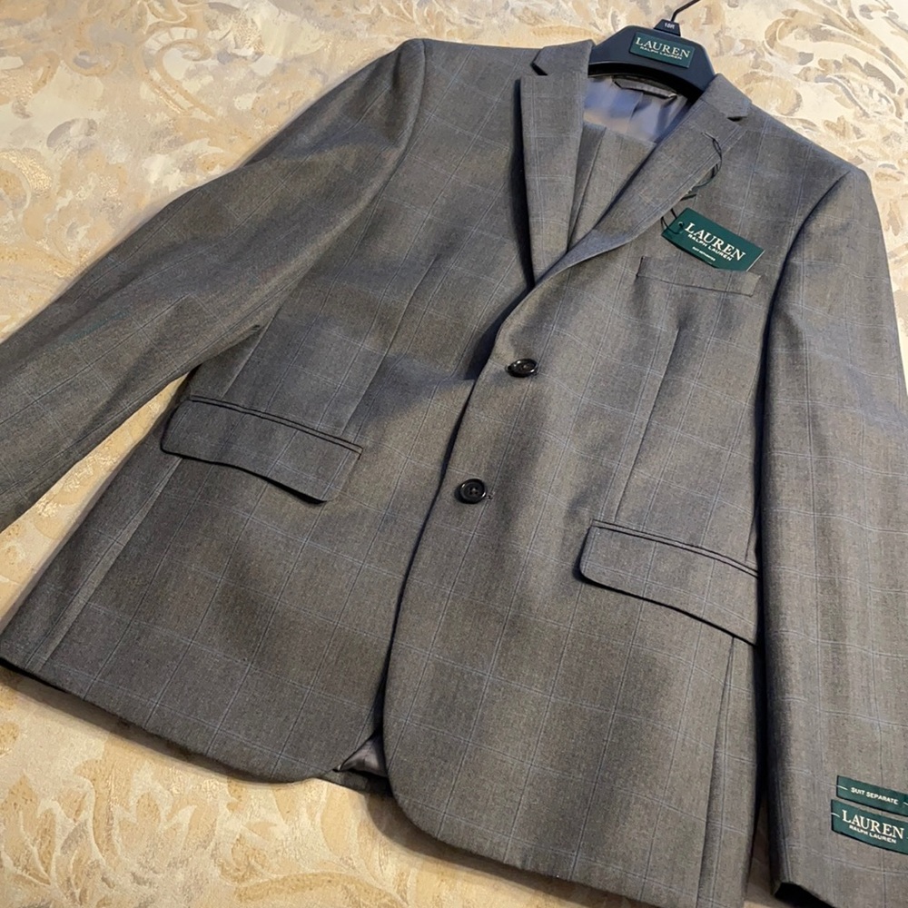 RALPH LAUREN BOYS SIZE 18R GREY WINDOWPANE SUIT - 2 PIECE - BRAND NEW